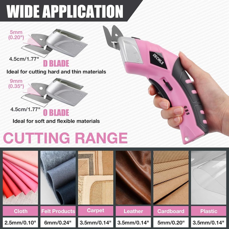 Decwls Cordless Electric Scissors for Fabric with 3 Type Blades, 4V Rechargeable Cardboard Scissors, Powerful Shears with Safety Lock Suitable, Cutting Tool for Carpet, Fabric, Cardboard, Leather-Pink - Image 4